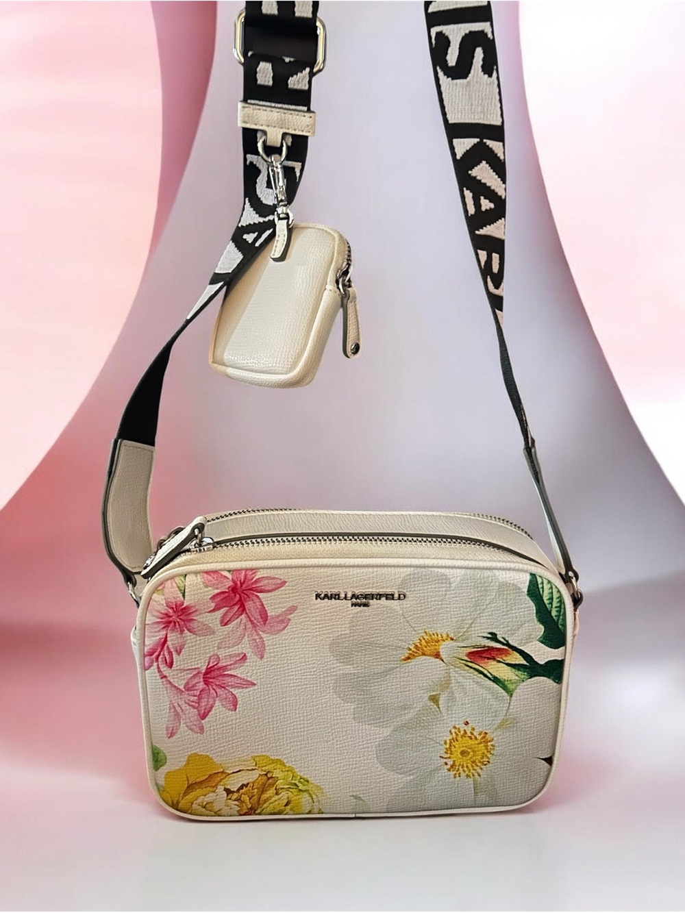 Karl Lagerfeld Cream Floral Crossbody Bag with Detachable Logo Strap